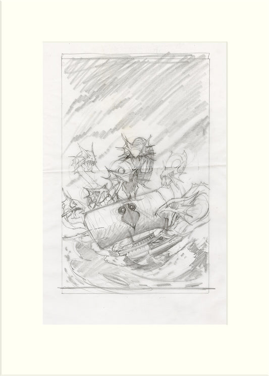 Fighting Fantasy: Seas of Blood - The Greek Galley original pencil drawing by Rodney Matthews