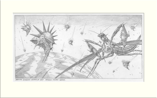 Gravity (Praying Mantis) original pencil drawing by Rodney Matthews